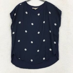 LOFT Womens L Navy Mixed Media Blouse White Polka Dot Crew Neck Short Sleeve Top